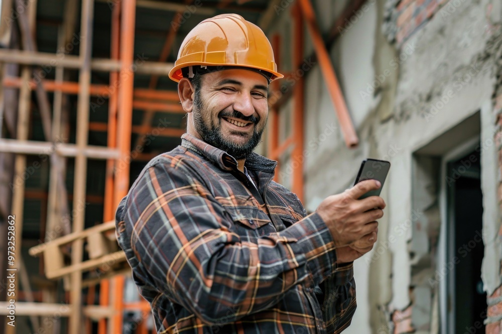 A construction worker holding a cell phone on a building site A construction worker holding a cell phone on a building site