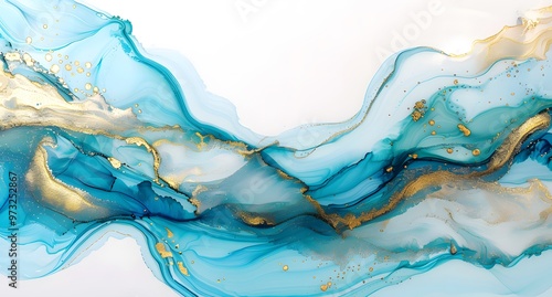 Abstract shiny turquoise golden ink wave background with copy space. Transculent watercolor wallpaper.	 photo