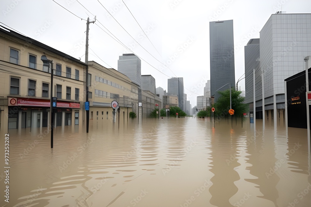 Fototapeta premium Urban Flooding Crisis: City Street Submerged in Water