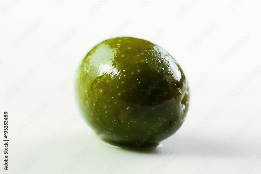 A single green apple sitting on a white surface A single green apple sitting on a white surface