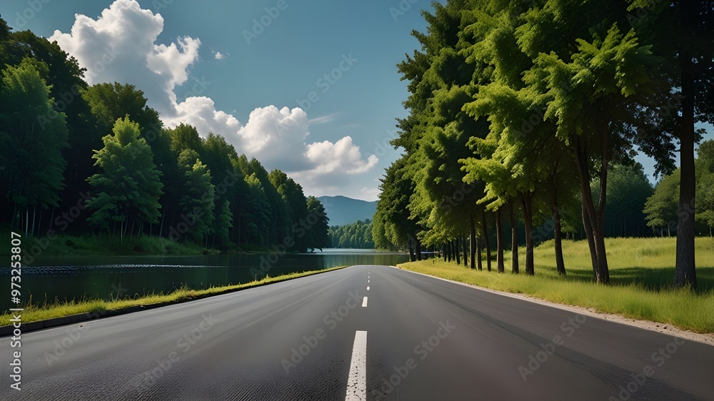 Fototapeta premium Empty asphalt road and green trees with blue sky background over the lake in summer, landscape nature view from side of empty street for product ... Generative AI