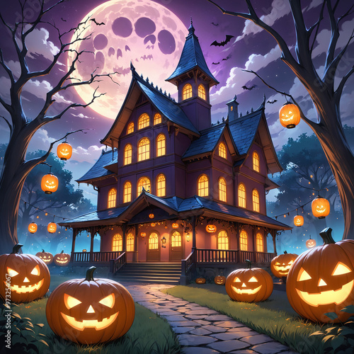 Halloween haunted house and witch character cartoon illustration. Vector horror scary mansion on the night background with moon. Party poster. photo