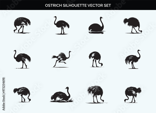 Black Silhouette of Ostrich Bird - Editable Vector on Transparent Background photo