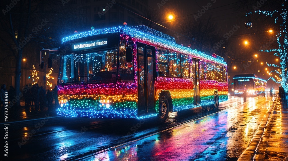 A bus decorated with lights is driving down a street A bus decorated with lights is driving down a street