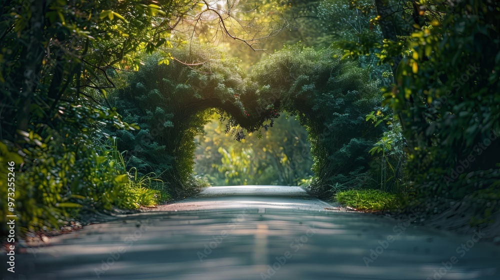 Fototapeta premium A road with a heart shaped bush in the middle