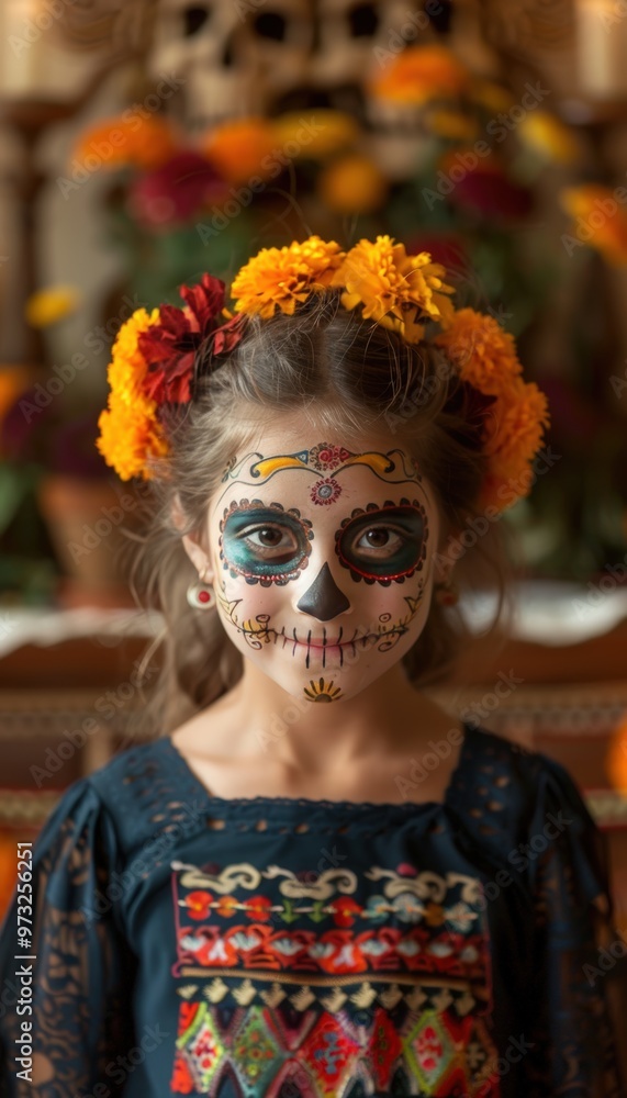 Dia de los Muertos Celebration: Young Girl with Intricate Skull Makeup and Marigold Adornments Dia de los Muertos Celebration: Young Girl with Intricate Skull Makeup and Marigold Adornments