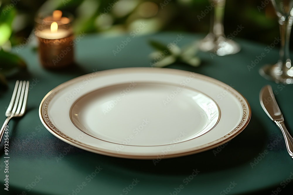 Minimalistic table setting with an empty plate, fork, and knife on a green tablecloth. Minimalistic table setting with an empty plate, fork, and knife on a green tablecloth.