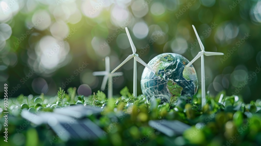 Earth featuring symbols of renewable energy sources like wind turbines ...