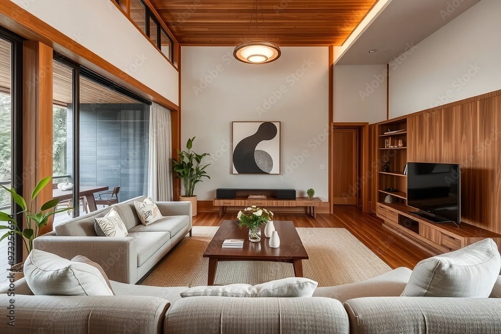 Japandi 3D Illustration of Minimalist Scandinavian Interior Design - Modern Boho Living Room with Wooden Furniture, Stylish Sofa, and Natural Decor. Japandi 3D Illustration of Minimalist Scandinavian Interior Design - Modern Boho Living Room with Wooden Furniture, Stylish Sofa, and Natural Decor.