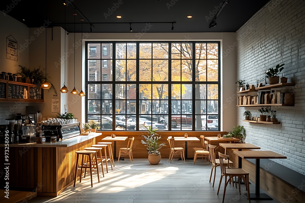 A modern and minimalist cafe interior bathed in natural light A modern and minimalist cafe interior bathed in natural light
