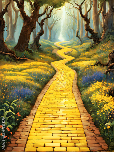 The yellow brick road from OZ into accross a forest with yellow and bloe little florals and some trees alongside