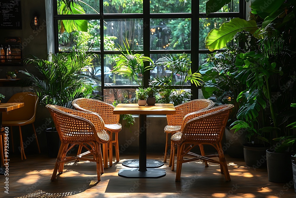 Cozy cafe interior with bamboo chairs, wooden tables, and abundant green plants Cozy cafe interior with bamboo chairs, wooden tables, and abundant green plants
