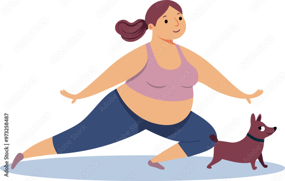Girl plus size doing yoga. Body positive concept. Attractive overweight woman. Vector flat illustration Girl plus size doing yoga. Body positive concept. Attractive overweight woman. Vector flat illustration