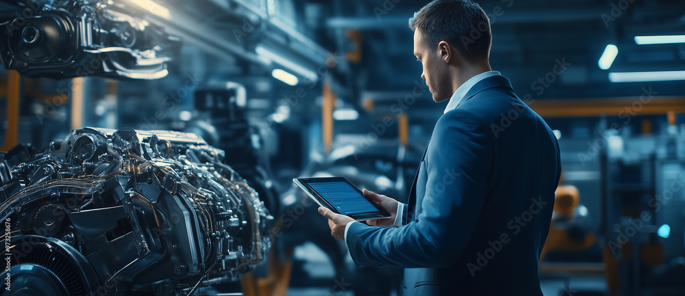Businessman in Blue Suit Using Tablet to Control Robotic Arms for Car Assembly in a Modern Factory: VR Technology and Industrial Automation Businessman in Blue Suit Using Tablet to Control Robotic Arms for Car Assembly in a Modern Factory: VR Technology and Industrial Automation