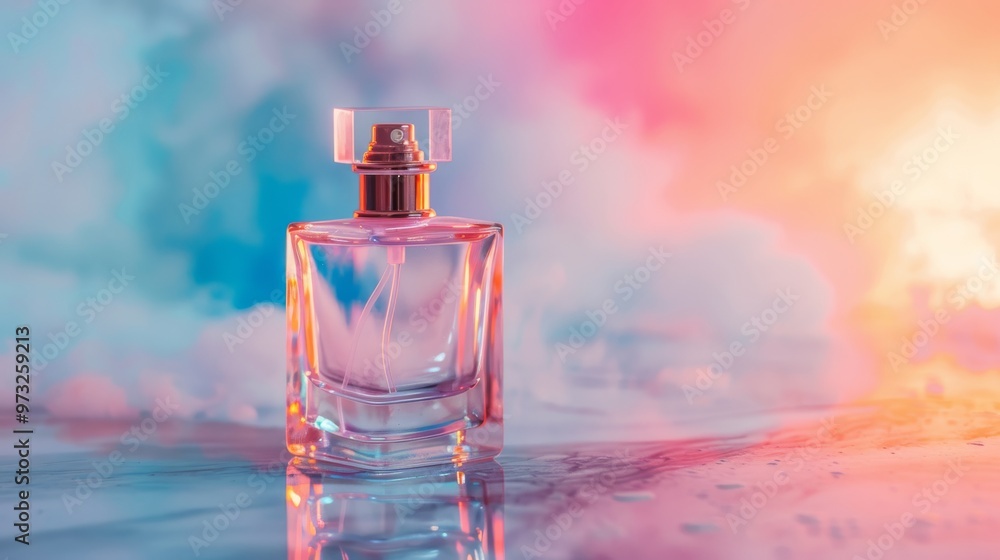 Elegant perfume bottle on marble surface with pastel color background Close-up photo with clean background Elegant perfume bottle on marble surface with pastel color background Close-up photo with clean background