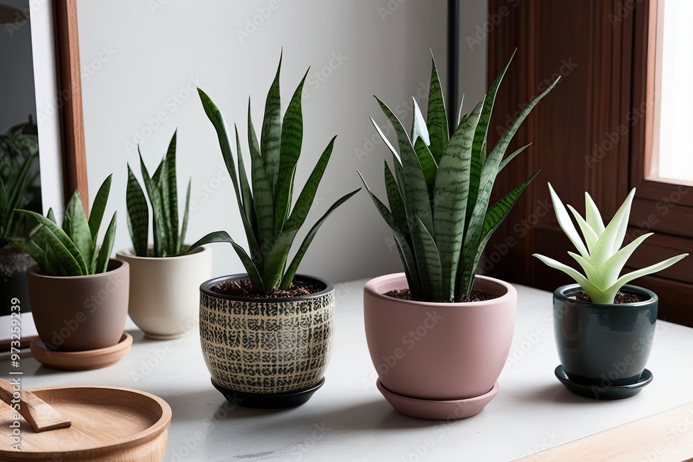 Fototapeta premium Exquisite Compilation of Tiny Plants: Unique Sansevieria in Stylish Pots for Trendy Home Decor