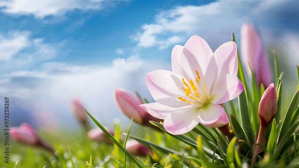 Fototapeta premium Spring background; fresh flower on blue backgroun