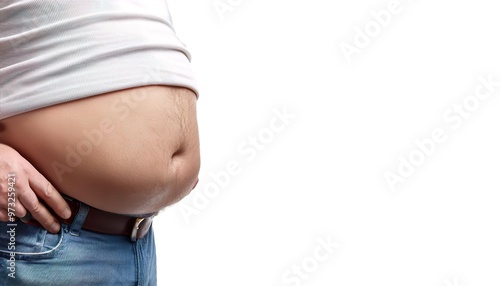 man with large fat beer belly or dad bod,  unfit morbidly obese diabetic or heart attack waiting to happen concept. Weight loss gastric bypass candidate. isolated on white background with copy space