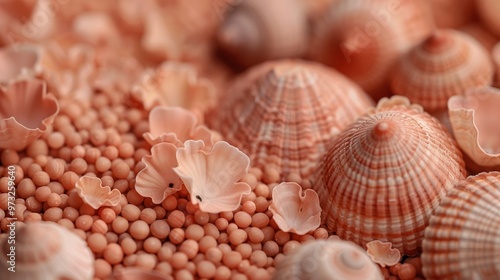  Delicate light pink seashells on a background of small round pebbles. The texture of the shells and stones creates a sense of nature and tranquility.