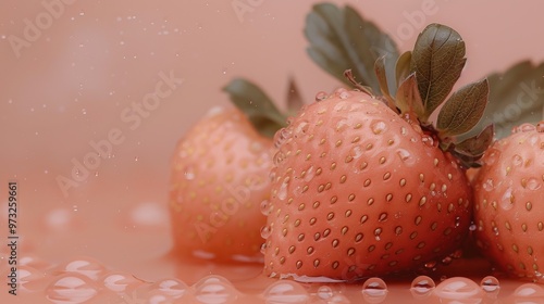  Juicy light pink strawberries covered with water droplets on a pink background. The strawberries look fresh and appetizing, drawing attention with their texture and vibrant colors.