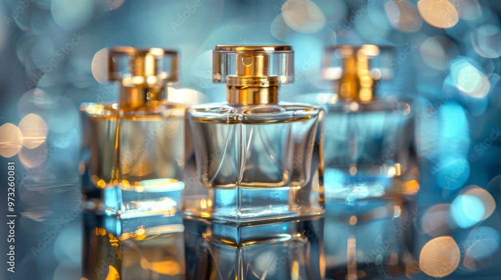 Elegant perfume bottles with golden caps on a reflective surface Close-up photo with clean background Elegant perfume bottles with golden caps on a reflective surface Close-up photo with clean background
