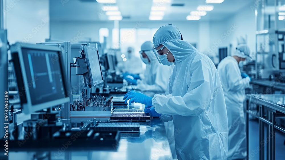 A worker in a cleanroom suit carefully assembles a complex electronic device on a workbench. A worker in a cleanroom suit carefully assembles a complex electronic device on a workbench.