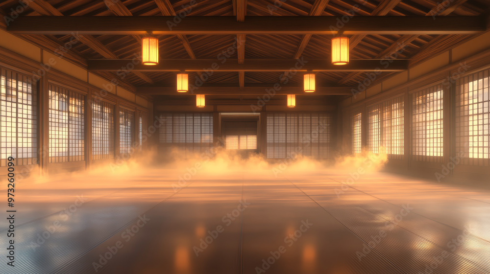 traditional Japanese-style dojo or karate school, featuring a hazy atmosphere in the air. 3d traditional Japanese-style dojo or karate school, featuring a hazy atmosphere in the air. 3d