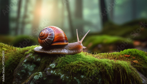 close up photo of snail on mossy rock photo