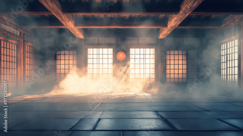 Fototapeta Naklejka Na Ścianę i Meble -   traditional Japanese-style dojo or karate school, featuring a hazy atmosphere in the air. 3d 