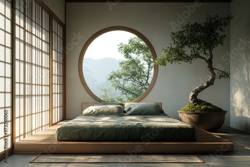 zen interior design, asian zen style bedroom with platform bed, shoji screens, and bonsai tree for a serene and balanced home decor photo