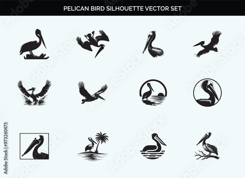 Black Silhouette of Pelican Bird - Editable Vector on Transparent Background