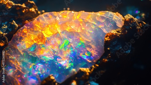 Close-up of an opal stone with bright, iridescent colors in a polished surface. photo