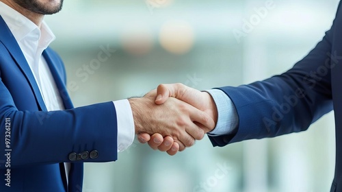 Two business leaders smiling and shaking hands over agreed terms, negotiation terms, positive conclusion photo