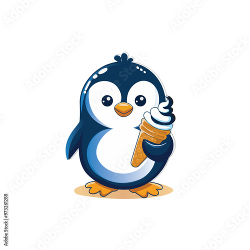 Cute cartoon penguin holding ice cream, perfect for kids' products, illustrations, or fun designs photo