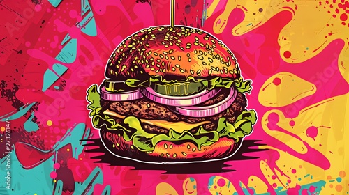 A delicious hamburger with lettuce, onion, and pickle on a colorful background.