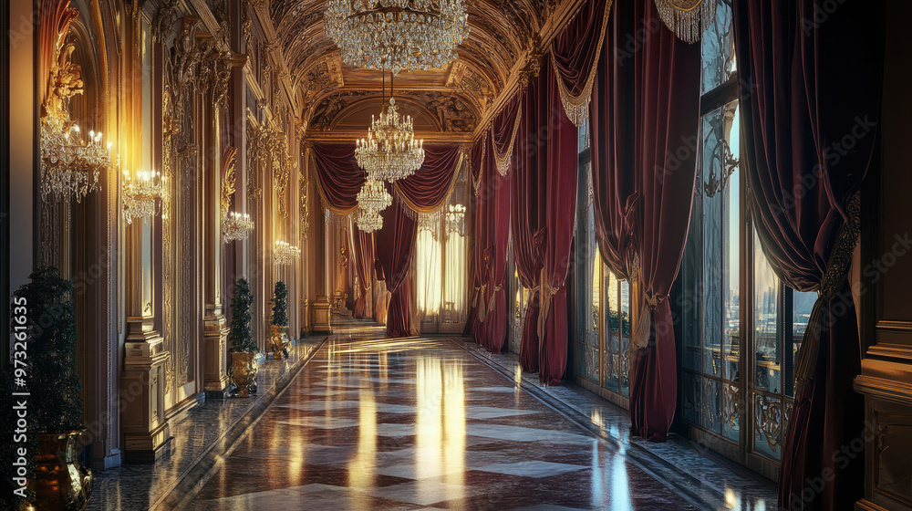 Obraz premium Elegant corridor with chandeliers and draped curtains, illuminated by soft sunlight.