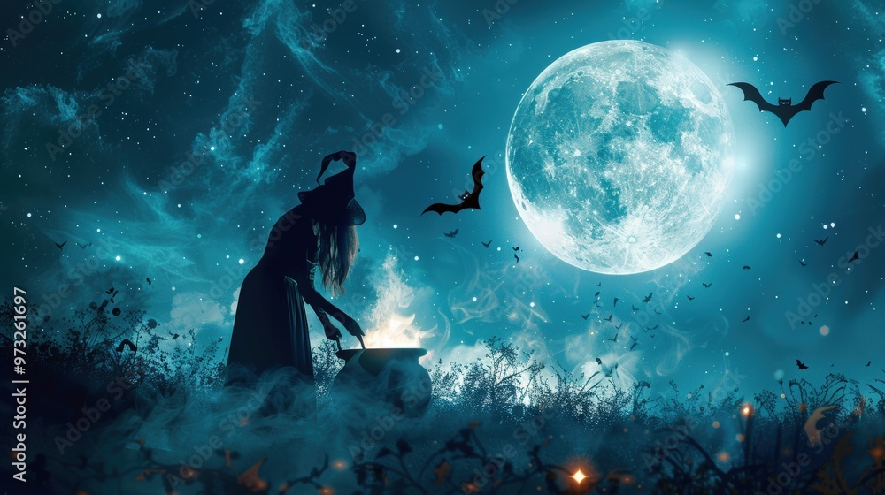 witch stirring a cauldron in a misty field under the full moon, surrounded by flying bats. magical glow from the cauldron enhances mysterious and eerie Halloween filled with supernatural energy. witch stirring a cauldron in a misty field under the full moon, surrounded by flying bats. magical glow from the cauldron enhances mysterious and eerie Halloween filled with supernatural energy.