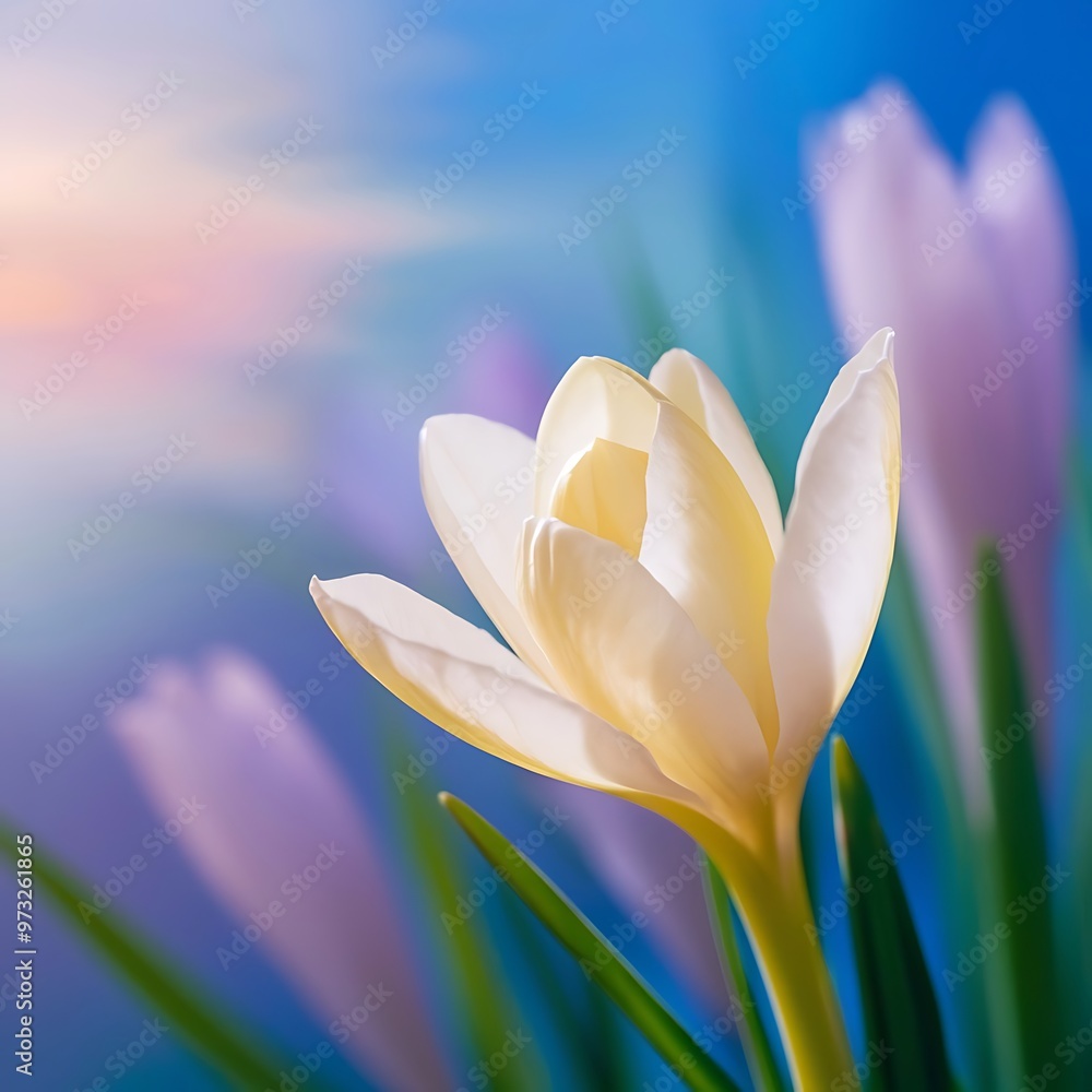 Fototapeta premium Spring background; fresh flower on blue backgroun