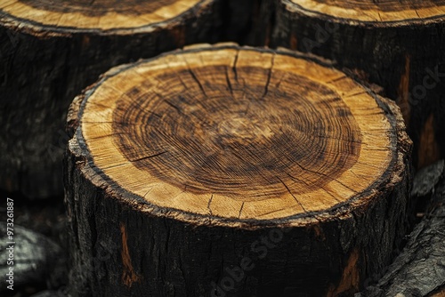 A close-up view of a tree stump slice revealing intricate circular cuts, showcasing the natural beauty and texture of wood. The dark bark contrasts with the warm tones of the exposed wood, creating a 