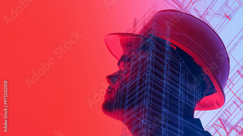 Fototapeta Naklejka Na Ścianę i Meble -  A creative double exposure image of a builder in a hard hat, symbolizing construction and innovation against a vibrant backdrop.
