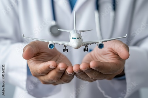 A doctor holding a toy airplane in his hands, symbolizing the importance of healthcare and travel. This image represents safety, care, and the ability to travel with confidence.