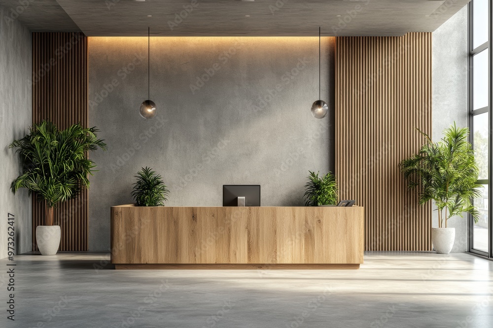 Fototapeta premium modern office lobby reception desk with friendly receptionist, concept banner mockup for corporate workspace