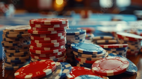Stacks of colorful poker chips on table