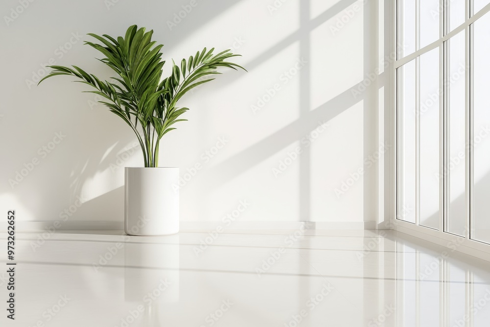 A minimalist and bright modern interior space with a single potted plant by a large window, showcasing the beauty of natural light and greenery. A minimalist and bright modern interior space with a single potted plant by a large window, showcasing the beauty of natural light and greenery.
