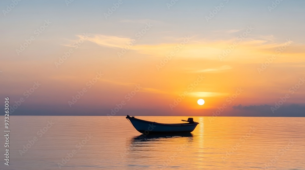 A single boat rests peacefully on the calm waters of a lake or ocean at sunrise, the golden sunlight reflecting on the surface and illuminating the sky with warm hues. A single boat rests peacefully on the calm waters of a lake or ocean at sunrise, the golden sunlight reflecting on the surface and illuminating the sky with warm hues.