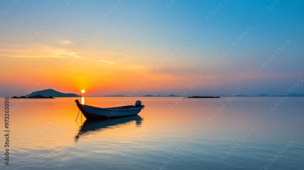 A solitary boat rests on the calm waters of a serene lake as the sun sets, casting a warm glow over the horizon. The peaceful scene evokes feelings of tranquility, solitude, and the beauty of nature. A solitary boat rests on the calm waters of a serene lake as the sun sets, casting a warm glow over the horizon. The peaceful scene evokes feelings of tranquility, solitude, and the beauty of nature.