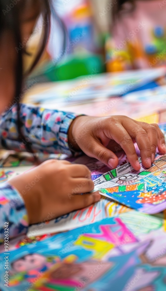 Child Creating Colorful Drawings and Cards at a Craft Table for World Teachers Day Celebration Child Creating Colorful Drawings and Cards at a Craft Table for World Teachers Day Celebration
