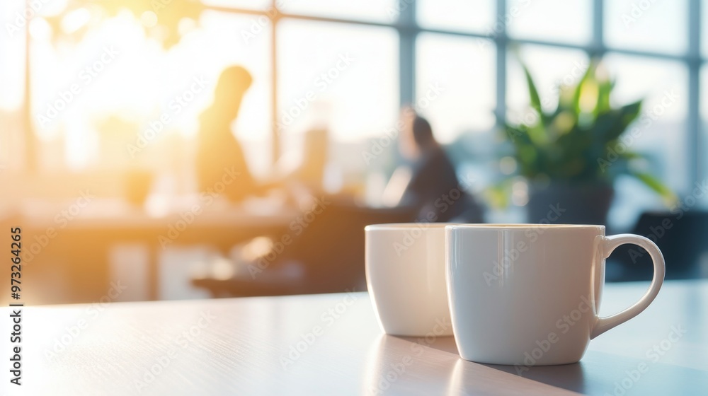 Coffee cups on a table in a modern cafe with sunlight streaming through the window Coffee cups on a table in a modern cafe with sunlight streaming through the window
