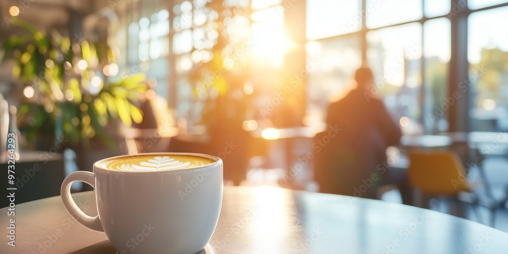 Morning coffee in a modern cafe with sunlight and blurred office background Morning coffee in a modern cafe with sunlight and blurred office background
