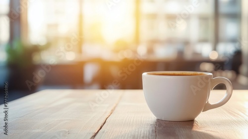 A steaming cup of coffee on a wooden table in a bright modern office space